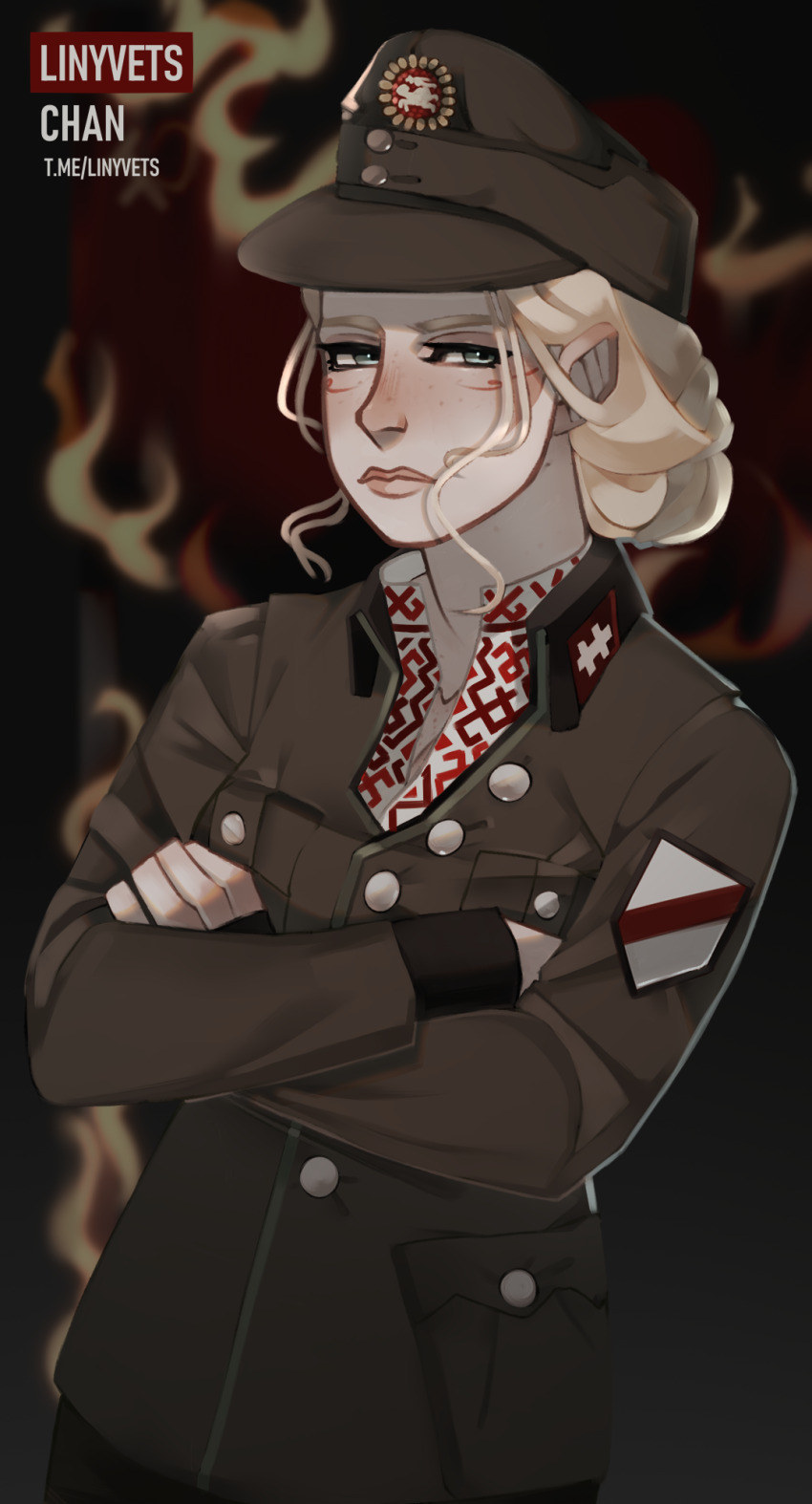 1girl artist_name belarus belarusian_central_council belarusian_clothes belarusian_flag blonde_hair blue_eyes blush body_freckles breasts brown_hat brown_jacket burning burning_flag buttons cleavage collar collar_tabs collarbone cross cross_of_saint_euphrosyne crossed_arms dark_background emilia_plyaterska fire flag_patch freckles frown hair_bun half-closed_eyes hat highres jacket large_ears linyvets_chan lips looking_at_viewer military_hat military_uniform nazi open_clothes open_shirt original pointy_ears red_collar_tabs signature small_breasts soviet vyshyvanka war white_cross world_war_ii