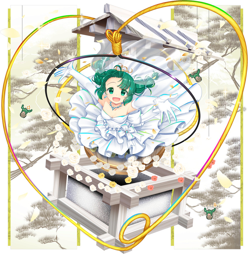 +++ 1girl alternate_costume anger_vein back_bow bow breasts cleavage collarbone dress earrings elbow_gloves falling_petals flower frilled_dress frills game_cg gloves highres jewelry kisume looking_at_viewer necklace official_art open_mouth petals red_flower red_rose rope rose rotte_(1109) smile solo strapless strapless_dress third-party_source touhou touhou_lostword transparent_background wedding_dress well white_bow white_dress white_flower white_gloves white_rose yellow_flower yellow_rose