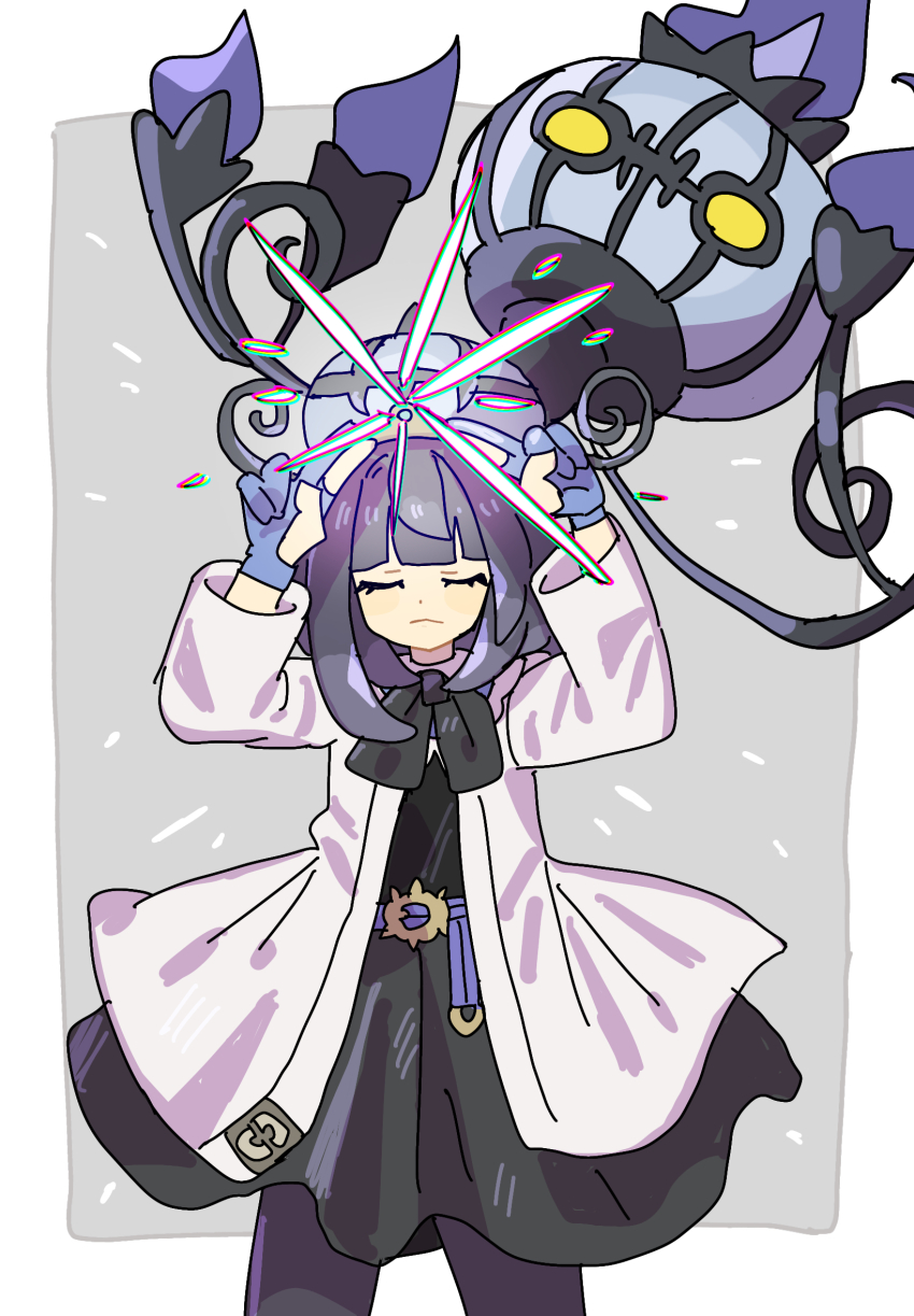 1girl bad_id bad_pixiv_id belt belt_buckle black_dress black_pantyhose bob_cut buckle chandelure closed_eyes closed_mouth coat cowboy_shot dress facing_viewer gen_5_pokemon gloves glowing gwynn_(pokemon) han0579 hat highres long_sleeves nintendo o-ring o-ring_belt open_clothes open_coat pantyhose partially_fingerless_gloves pokemon pokemon_(creature) pokemon_legends:_z-a purple_belt purple_hair white_coat