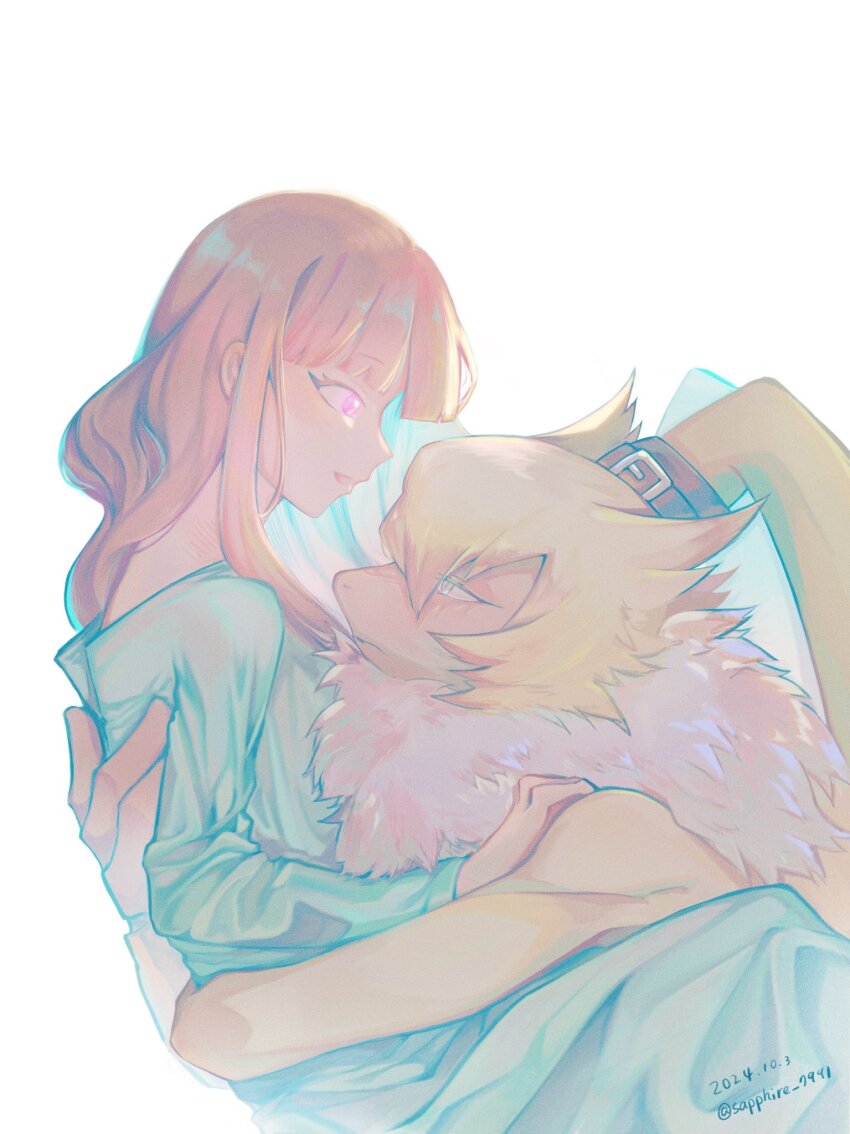 1girl digimon digimon_(creature) highres hug looking_at_another smile symbareangoramon tsukiyono_ruli