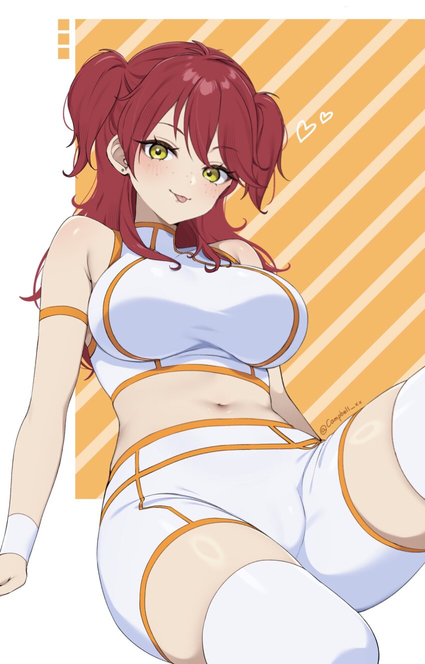 1girl arm_strap artist_name bare_shoulders blush breasts campbell_xx commentary_request crop_top earrings freckles green_eyes gundam gundam_00 heart highres jewelry large_breasts long_hair looking_at_viewer midriff navel nena_trinity red_hair shorts sitting solo stomach stud_earrings thighhighs thighs two_side_up white_background white_shorts white_thighhighs white_wrist_cuffs wrist_cuffs yellow_background