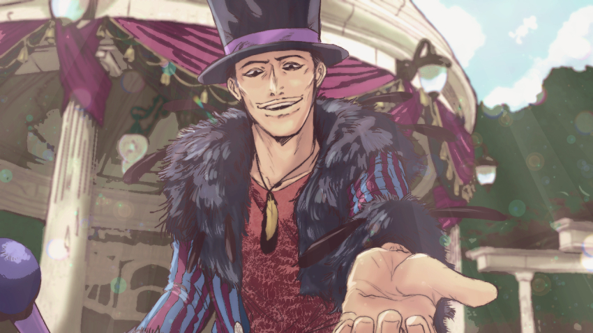 1boy black_eyes black_hat blurry blurry_background day disney facial_hair gazebo hat jewelry mattya1582 mr._v mustache necklace outdoors outstretched_hand recruiters_(disney) smile solo striped_sleeves sunlight top_hat