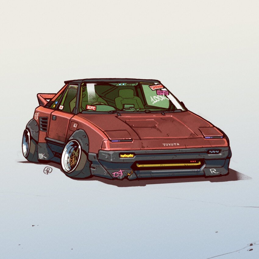 car fernando_correa grey_background highres japanese_flag kfc motor_vehicle no_humans original red_car shadow signature sports_car stance_(vehicle) toyota toyota_mr2 toyota_mr2_aw11 vehicle_focus