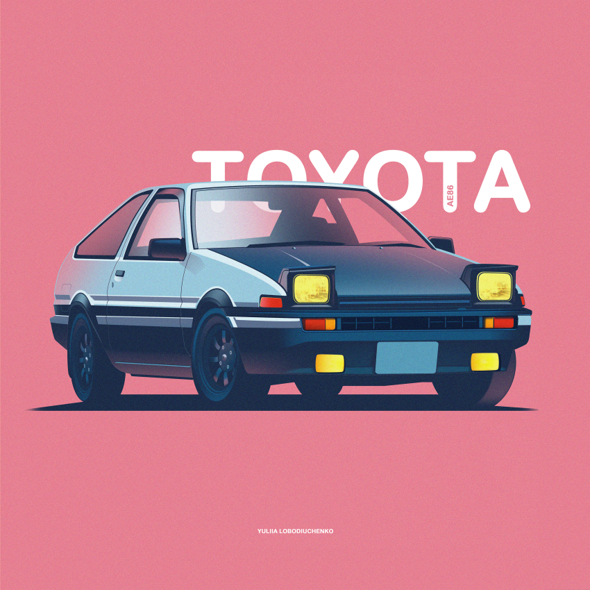 absurdres artist_name car highres no_humans original pop-up_headlights red_background shadow toyota toyota_sprinter_trueno vehicle_focus vehicle_name white_car yuliia_lobodiuchenko