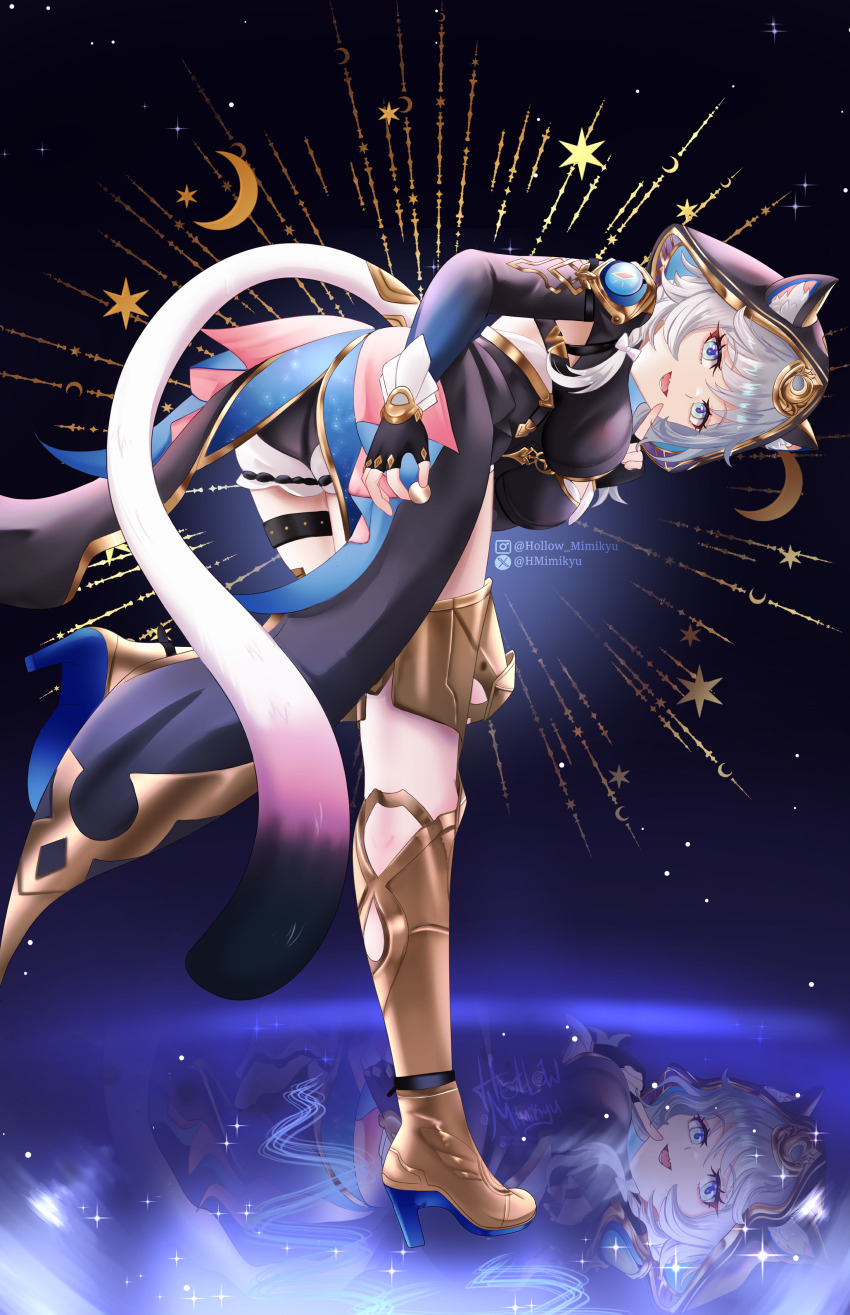 1girl absurdres animal_ear_fluff animal_ears animal_hood bent_over black_leotard boots breasts cat_ears cat_girl cat_hood cat_tail cipher_(honkai:_star_rail) commentary crescent_moon english_commentary from_behind gold_boots grey_hair highres hollow_mimikyu honkai:_star_rail honkai_(series) hood hooded_leotard leotard medium_breasts moon reflection short_hair solo star_(sky) tail thigh_boots twitter_username