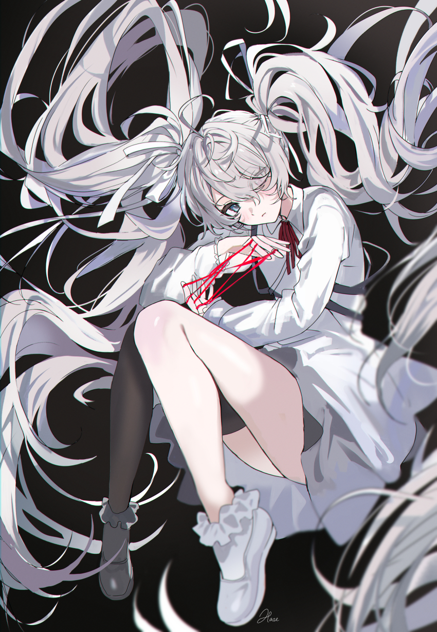 1girl 25-ji_miku 25-ji_nightcord_de._(project_sekai) absurdly_long_hair absurdres aqua_hair black_socks cat&#039;s_cradle closed_mouth hair_over_one_eye hatsune_miku haze_(ohw8g) highres long_hair looking_at_viewer number-only_commentary one_eye_covered project_sekai shirt simple_background single_sock socks solo thighs twintails very_long_hair vocaloid white_shirt