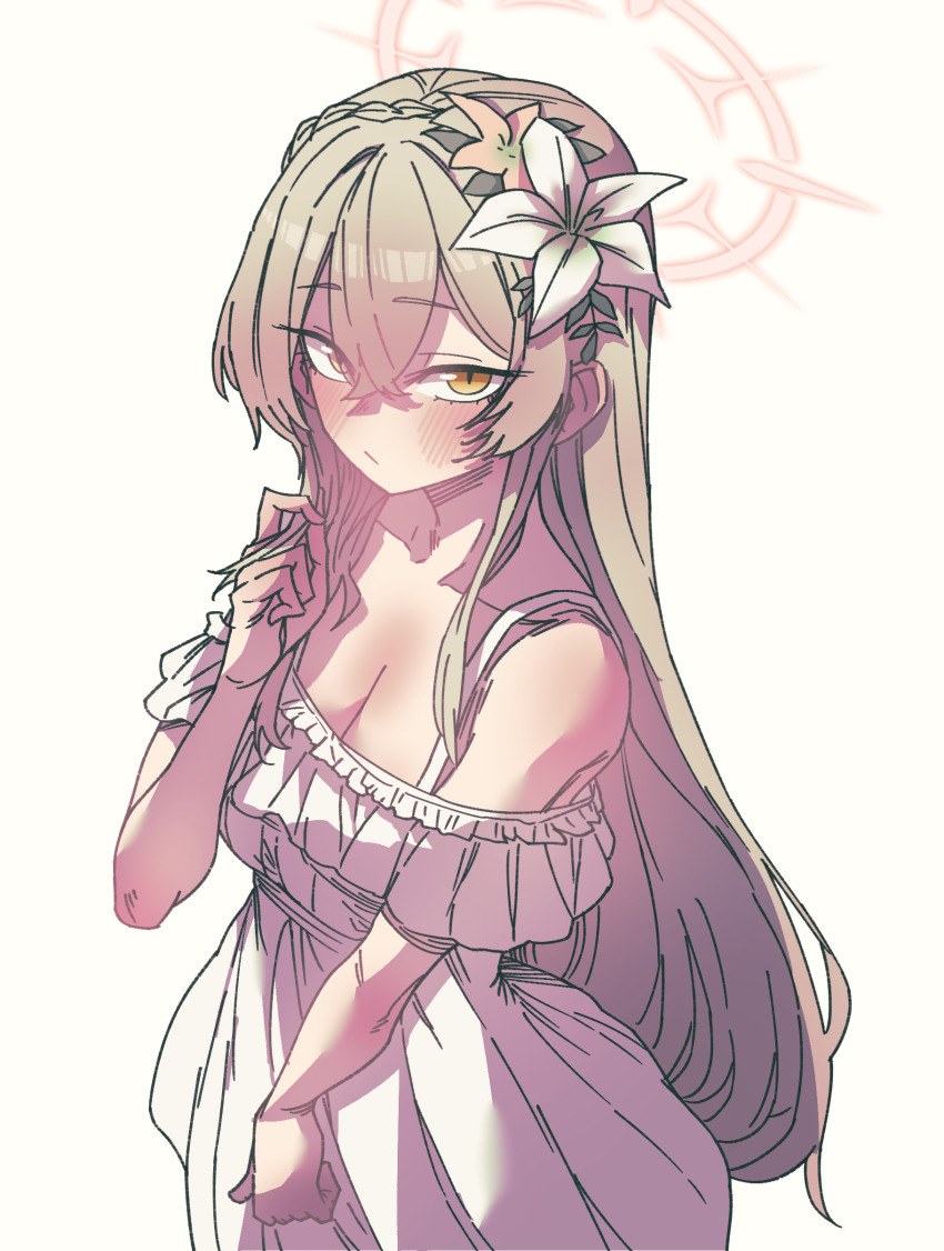 1girl absurdres anygatsby blue_archive blush breasts brown_hair cleavage collarbone dress flower frilled_dress frills hair_between_eyes hair_flower hair_ornament halo highres long_hair looking_at_viewer medium_breasts nagisa_(blue_archive) off-shoulder_dress off_shoulder playing_with_hair simple_background solo very_long_hair white_background white_dress