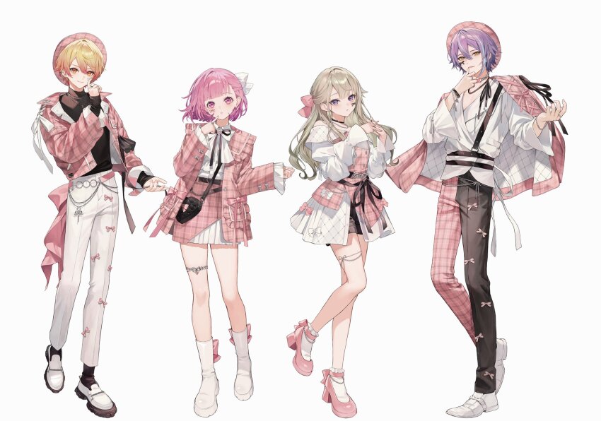 2boys 2girls alternate_costume ankle_boots belt black_ribbon black_shorts blonde_hair blue_hair blunt_bangs boots bow bowtie choker collared_shirt dress dress_shirt full_body green_hair hair_between_eyes hat highres jacket kamishiro_rui kusanagi_nene lapels long_hair long_sleeves looking_at_viewer mary_janes multicolored_hair multiple_boys multiple_girls notched_lapels off-shoulder_dress off_shoulder ootori_emu orange_eyes pants pink_dress pink_eyes pink_hair pink_jacket pink_skirt plaid_clothes plaid_jacket pleated_skirt project_sekai purple_eyes purple_hair ribbon shinotarou_(nagunaguex) shirt shoes short_hair short_shorts shorts shorts_under_skirt simple_background skirt sleeves_past_wrists smile sneakers socks split-color_clothes standing tenma_tsukasa thigh_strap turtleneck two-tone_hair waist_bag white_background white_bow white_bowtie white_pants white_skirt white_socks wonderlands_x_showtime_(project_sekai) yellow_eyes