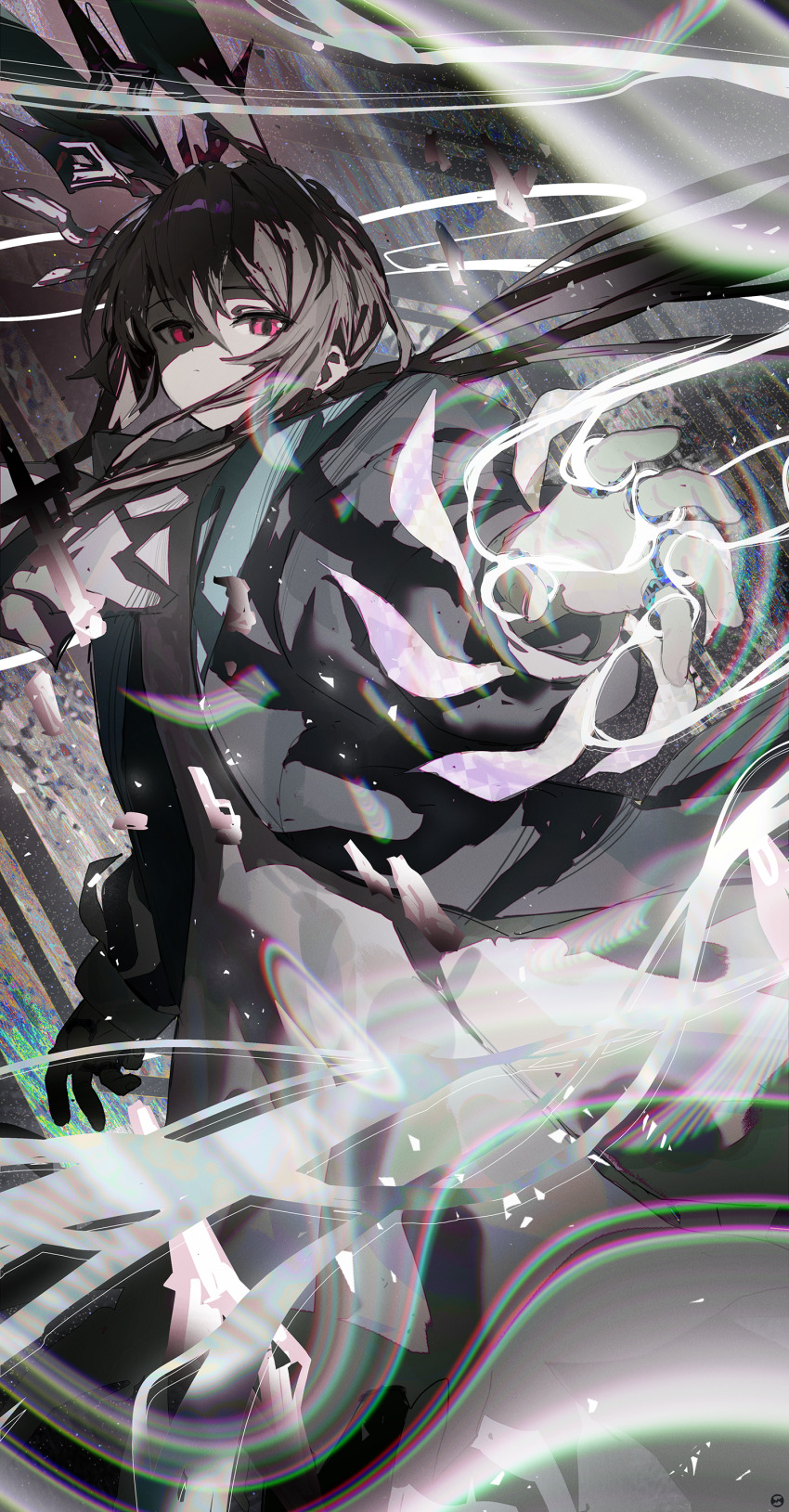 1girl absurdres amiya_(arknights) animal_ears arknights ascot black_jacket brown_hair closed_mouth dress hair_between_eyes highres jacket jewelry long_hair looking_at_viewer multiple_rings rabbit_ears rabbit_girl red_eyes ring shaded_face solo songchuan_li space white_ascot white_dress