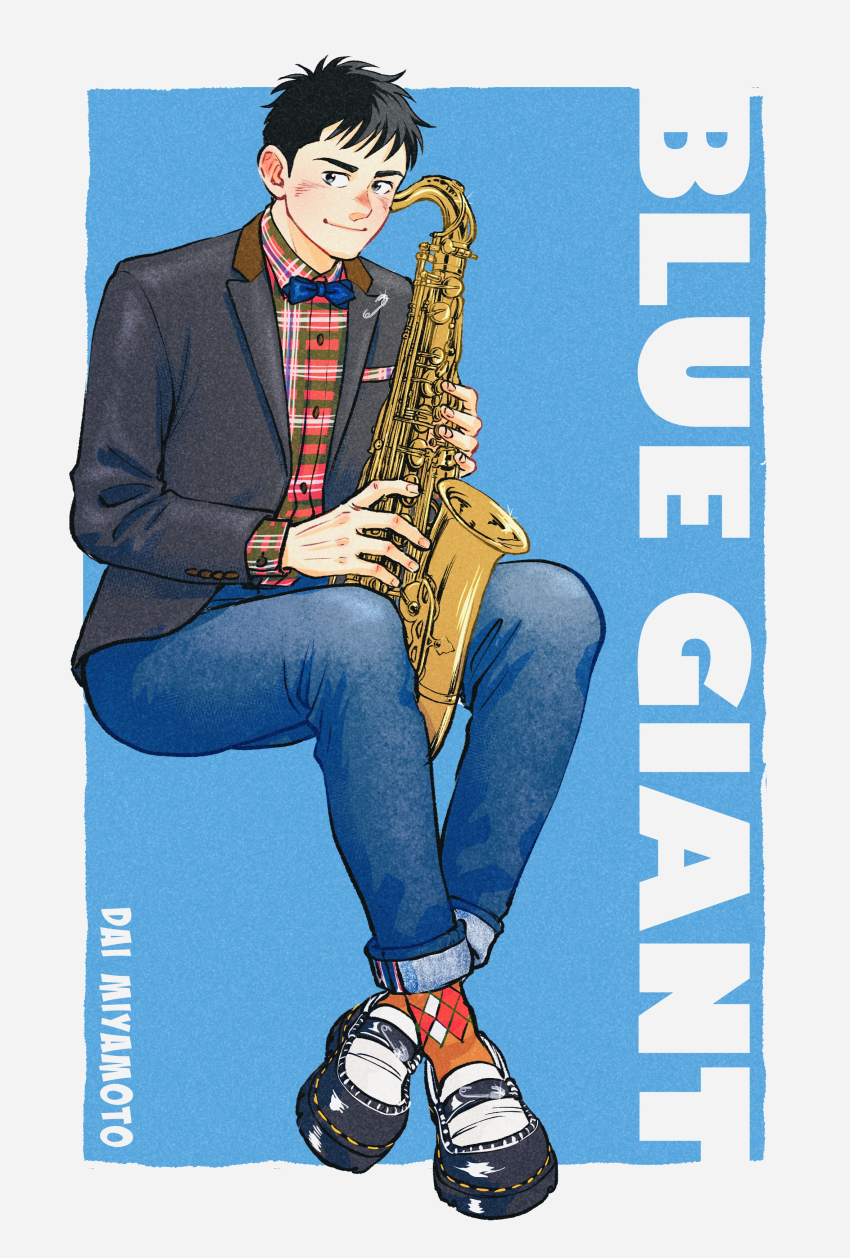 1boy 3kaku_mimi absurdres argyle_clothes argyle_legwear black_jacket blue_bow blue_bowtie blue_giant blush bow bowtie character_name copyright_name denim full_body glint highres invisible_chair jacket jeans miyamoto_dai pants safety_pin short_hair sitting solo tenor_saxophone