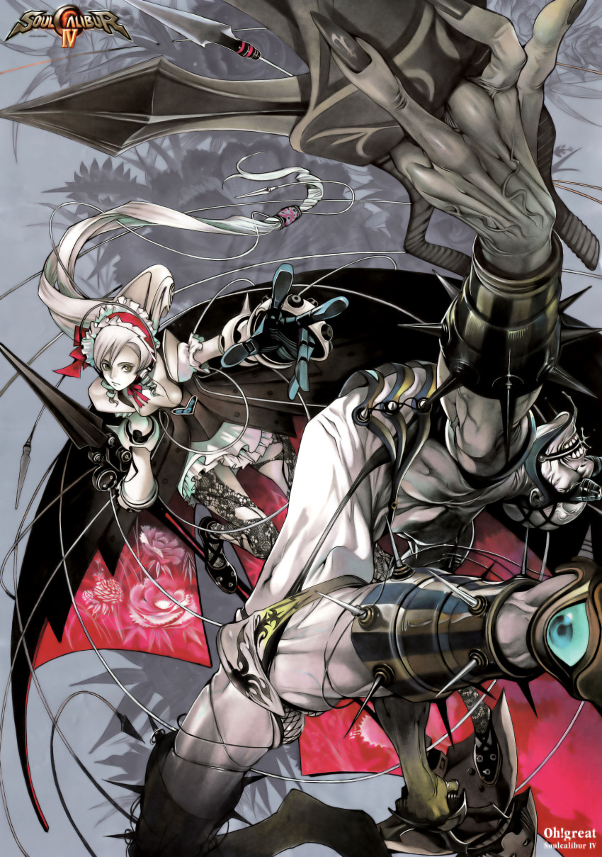 1boy 1girl absurdres ashlotte_maedel dagger dress drill_hair goth_fashion gothic_lolita highres iron_maiden katar knife legs lolita_fashion long_hair machine non-web_source oogure_ito pale_skin polearm push_dagger soul_calibur soulcalibur soulcalibur_iv spikes voldo weapon yellow_eyes