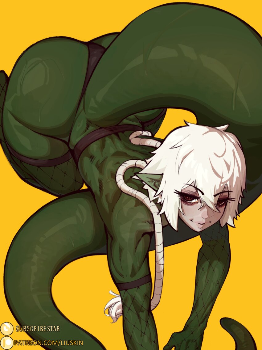 1girl absurdres artist_name ass black_panties colored_skin commentary fishnet_gloves fishnet_thighhighs fishnets gloves green_skin green_tail highres liuskin looking_at_viewer original panties patreon_logo patreon_username pointy_ears simple_background subscribestar_logo thighhighs tiamat_(liuskin) underwear watermark web_address white_hair yellow_background