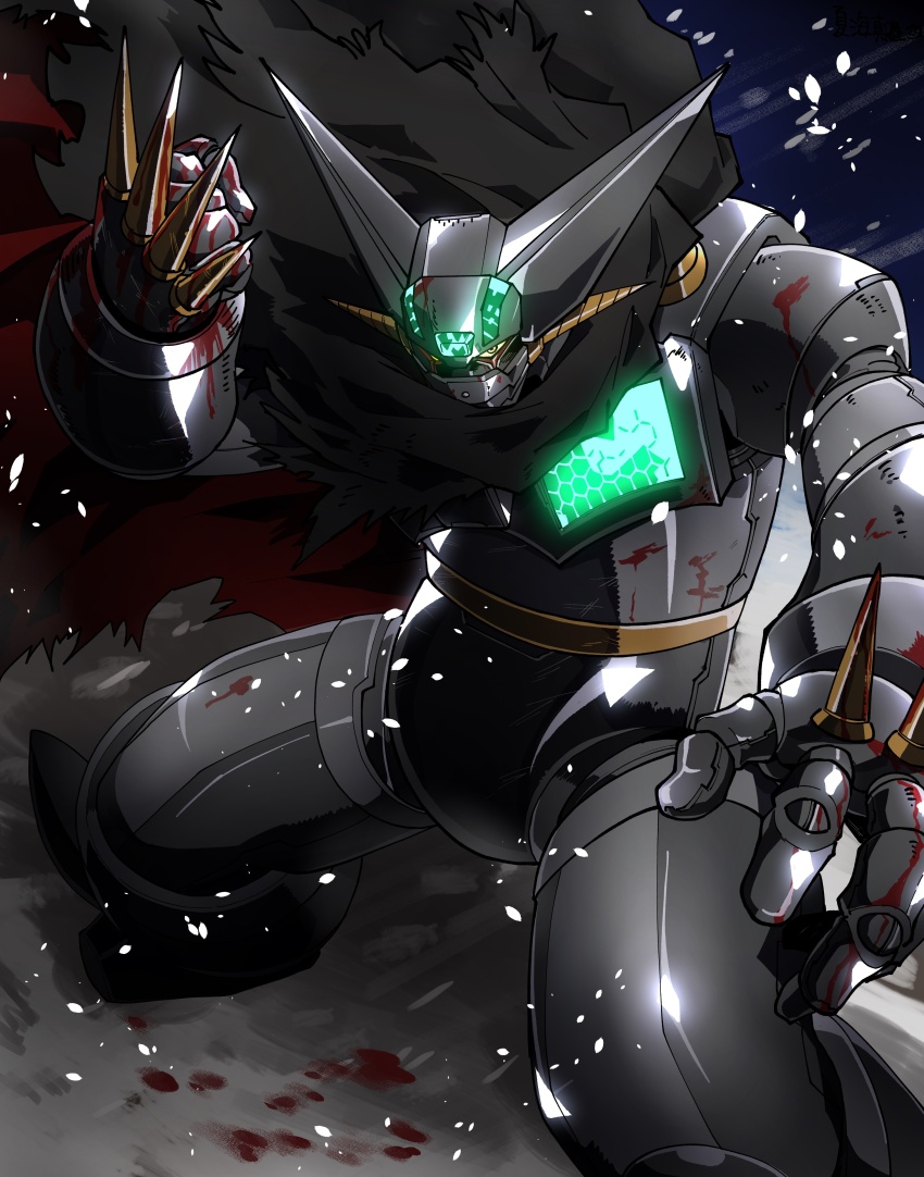 absurdres amakawa_mayu black_cape black_getter blood cape clenched_hands from_above getter_robo glowing highres mecha mecha_focus no_humans robot science_fiction shin_getter_robo spiked_knuckles super_robot yellow_eyes