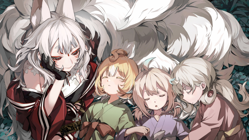 4girls aged_down ahoge animal_ear_fluff black_gloves blonde_hair breasts enna_alouette flat_chest fox_girl fox_tail gloves highres kitsune light_brown_hair long_hair medium_breasts medium_hair millie_parfait moonie multiple_girls multiple_tails nijisanji nijisanji_en nina_kosaka red_eyes reimu_endou short_hair tail twintails very_long_hair virtual_youtuber white_hair