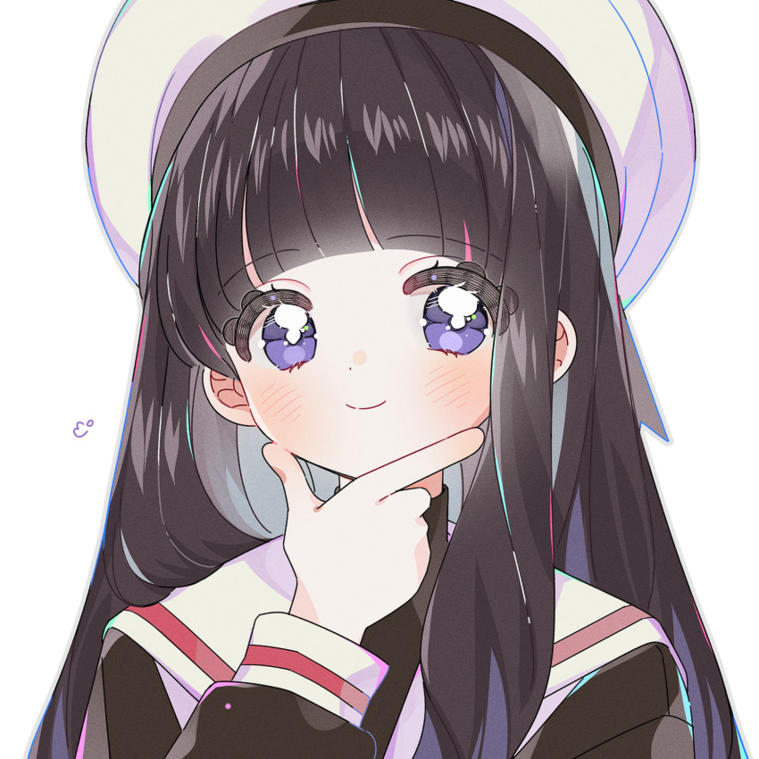 1girl black_hair black_shirt blunt_bangs blush cardcaptor_sakura closed_mouth daidouji_tomoyo highres long_hair long_sleeves looking_at_viewer purple_eyes sailor_collar school_uniform shirt simple_background smile solo tomoeda_elementary_school_uniform white_background white_sailor_collar yalmyu