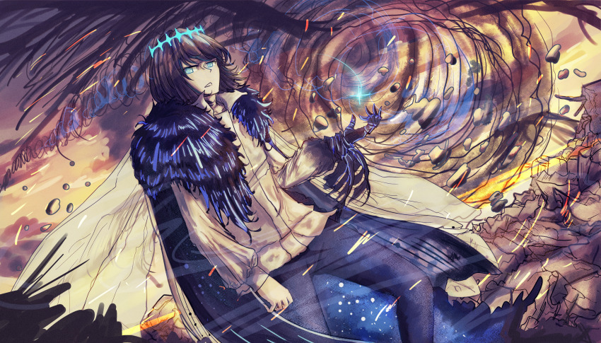 1boy arthropod_boy black_hair black_pants blue_eyes bug butterfly cape crown debris dragonfly_wings fate/grand_order fate_(series) fur_trim highres insect looking_at_viewer oberon_(fate) oberon_(third_ascension)_(fate) pants rubble shirt short_hair user_dgfw8735 vortex white_shirt