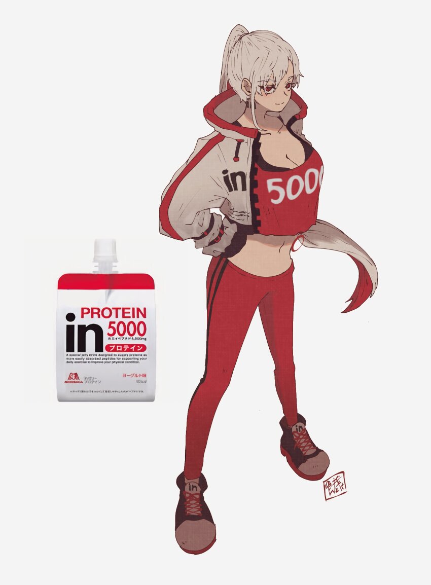 1girl absurdres breasts cleavage colored_tips commentary crop_top cropped_jacket earrings full_body hand_on_own_hip high_collar highres jacket jewelry leggings legs_apart long_hair long_sleeves looking_at_viewer medium_breasts midriff morinaga_(brand) multicolored_hair navel open_clothes open_jacket original oversized_zipper personification ponytail red_eyes red_hair red_leggings redrawn shoes signature simple_background sneakers sokura_(mochichitose) solo standing very_long_hair weider_in_jelly white_background white_hair white_jacket zipper