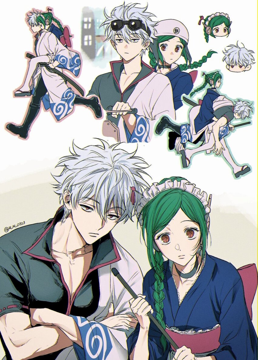 1boy 1girl black_choker black_footwear black_pants black_shirt blue_kimono boots braid brown_eyes choker gintama goggles goggles_on_head hadanugi_dousa helmet highres holding holding_mop japanese_clothes kimono m_m_pb maid_headdress mop okobo open_clothes open_kimono pants platform_sandals red_sash sakata_gintoki sandals sash shirt single_braid sword tama_(gintama) twitter_username weapon white_kimono wooden_sword