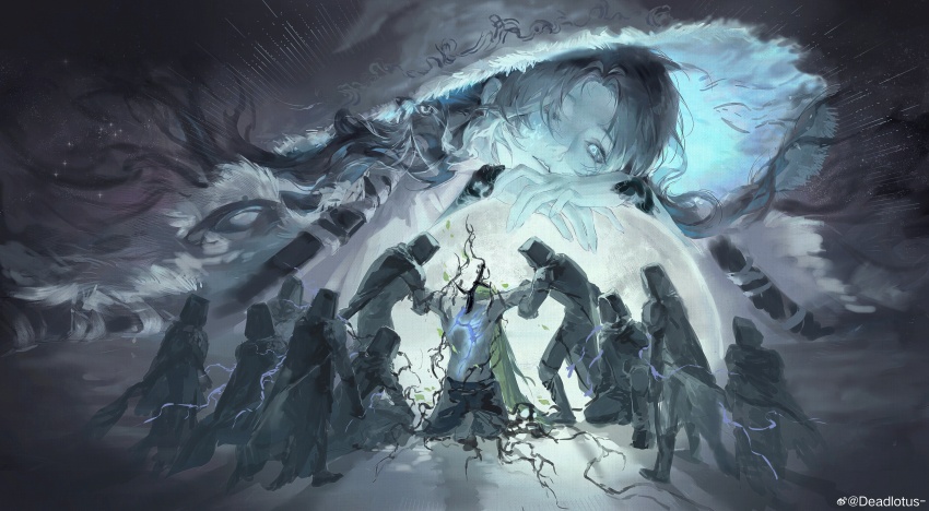 1boy 6+girls absurdres alecto_black_knife_ringleader armor assassin backstab black_cloak black_knife_(elden_ring) black_knife_assassin black_knife_tiche blonde_hair blue_eyes blue_skin brother_and_sister chinese_commentary cloak colored_skin commentary_request dagger elden_ring extra_faces full_moon fur_cloak glowing_tattoo godwyn_the_golden half-siblings hat highres holding holding_dagger holding_knife holding_weapon hood hood_up hooded_cloak incredibly_absurdres jiao_chang knife large_hat long_hair moon multiple_girls prince ranni_the_witch rune rune_of_death siblings watermark weapon weibo_watermark witch witch_hat