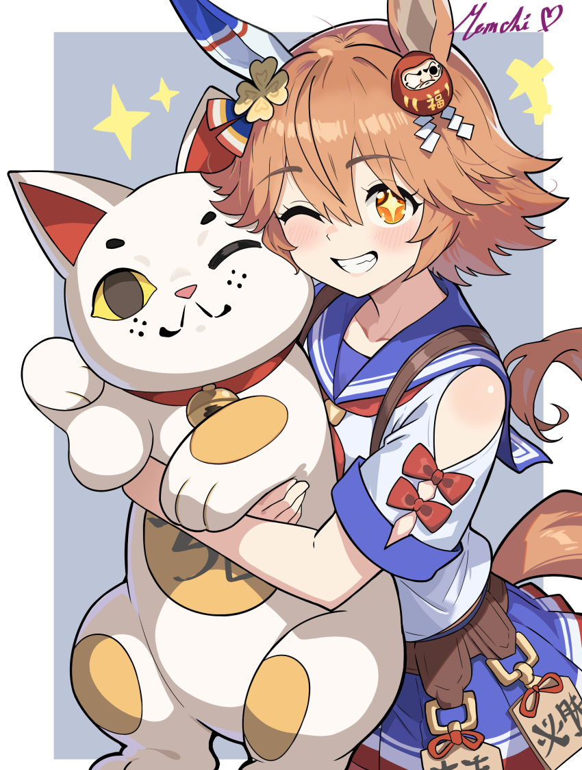 1girl absurdres animal_ears bead_bracelet beads blue_skirt bracelet clover_hair_ornament daruma_doll daruma_doll_hair_ornament doll_hair_ornament ear_covers flipped_hair four-leaf_clover_hair_ornament good_fortune_symbol hair_between_eyes hair_ornament highres horse_ears horse_girl horse_tail jewelry maneki-neko matikanefukukitaru_(rising_fortune)_(umamusume) matikanefukukitaru_(umamusume) mem_chi neckerchief orange_hair red_neckerchief sailor_collar school_uniform serafuku shirt short_hair single_ear_cover skirt smile solo star-shaped_pupils star_(symbol) symbol-shaped_pupils tail umamusume white_shirt