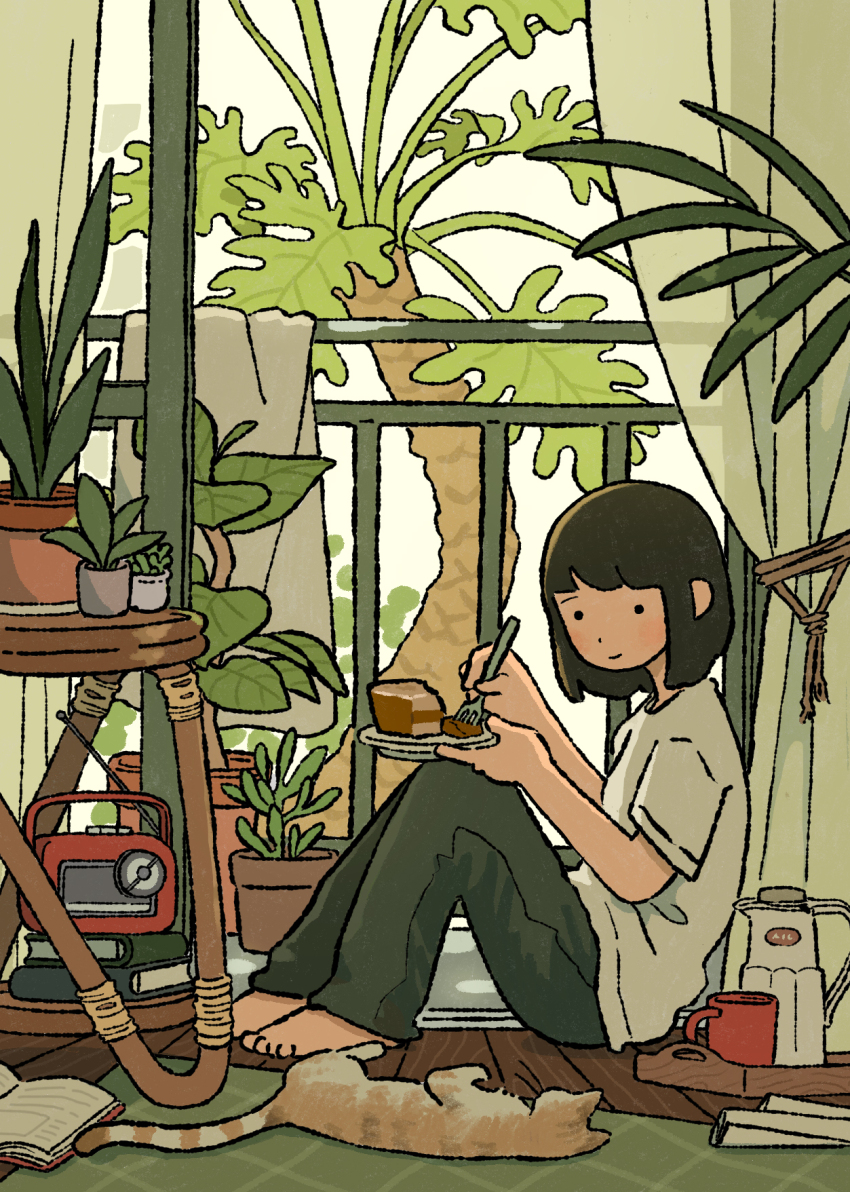 ._. 1girl balcony barefoot book brown_hair closed_mouth coffee_mug commentary cup curtains day eating fork full_body glass_door green_pants highres holding holding_fork holding_plate indoors knees_up light_blush light_smile looking_at_animal marunoki medium_hair mug open_clothes open_shirt orange_cat original pants pile_of_books pitcher_(container) plant plate potted_plant radio rope rug shirt short_sleeves sitting solo symbol-only_commentary table towel tray tree white_shirt wooden_floor