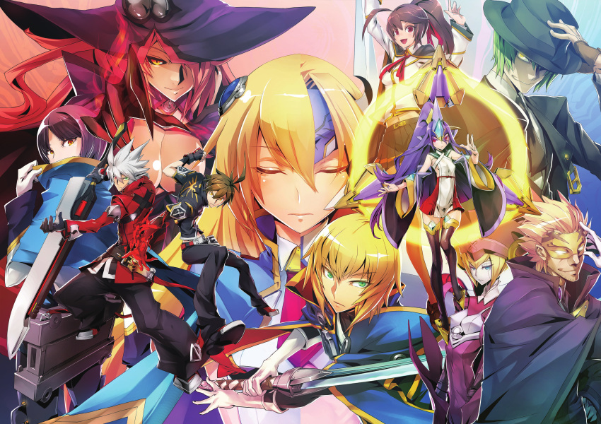 5girls absurdres black_hair black_pants blazblue blonde_hair brown_eyes brown_hair capelet celica_a._mercury closed_eyes fedora fingerless_gloves gloves green_eyes green_hair hades_izanami hat hazama hibiki_kohaku highres ignis_(blazblue) jacket kisaragi_jin konoe_a._mercury mikado_(blazblue) miniskirt mu-12 multiple_girls naoto_kurogane noel_vermillion non-web_source official_art pants purple_hair ragna_the_bloodedge red_eyes red_jacket relius_clover silver_hair skirt sword weapon witch_hat yellow_eyes