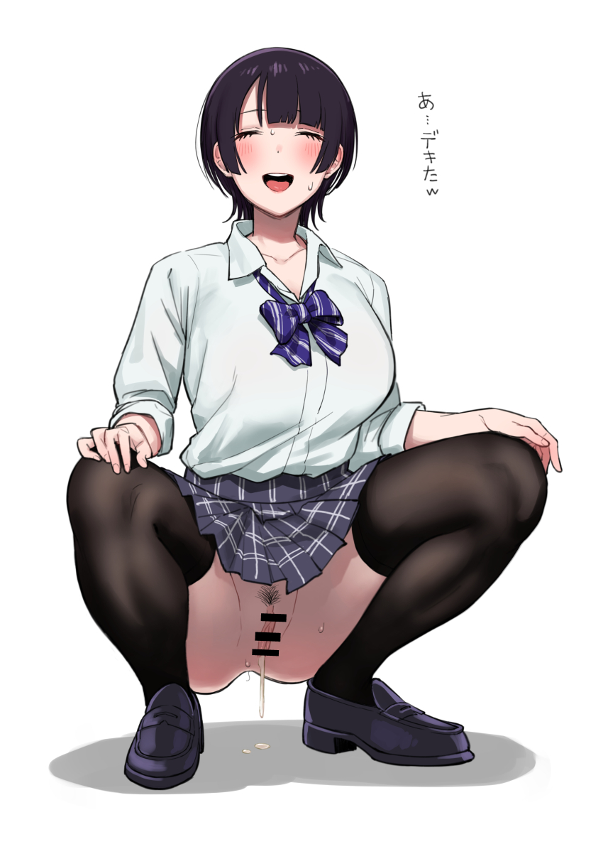 1girl absurdres after_vaginal aftersex bar_censor black_hair black_thighhighs blue_bow blue_bowtie blue_shoes blue_skirt blunt_bangs blush bow bowtie breasts censored closed_eyes collared_shirt commentary cum cum_in_pussy cumdrip diagonal-striped_bow diagonal-striped_bowtie diagonal-striped_clothes facing_viewer female_pubic_hair full_body hands_on_own_knees highres keiichi_r18 large_breasts loafers miniskirt no_panties open_mouth original plaid_clothes plaid_skirt pleated_skirt pubic_hair pussy school_uniform shirt shirt_tucked_in shoes short_hair simple_background skirt sleeves_pushed_up smile solo squatting striped_clothes sweat thighhighs traditional_bowtie translated two-tone_bow two-tone_bowtie white_background white_bow white_bowtie white_shirt wing_collar
