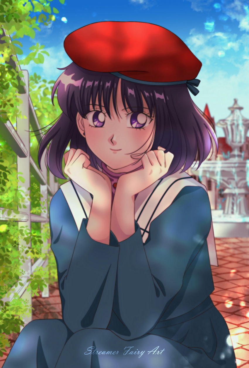 1girl artist_name beret bishoujo_senshi_sailor_moon blue_dress blurry blurry_background bush cloud cloudy_sky cobblestone day dress fence hat highres koya leaf looking_at_viewer outdoors purple_eyes purple_hair red_hat sailor_collar shaded_face short_hair sitting sky solo tomoe_hotaru white_sailor_collar