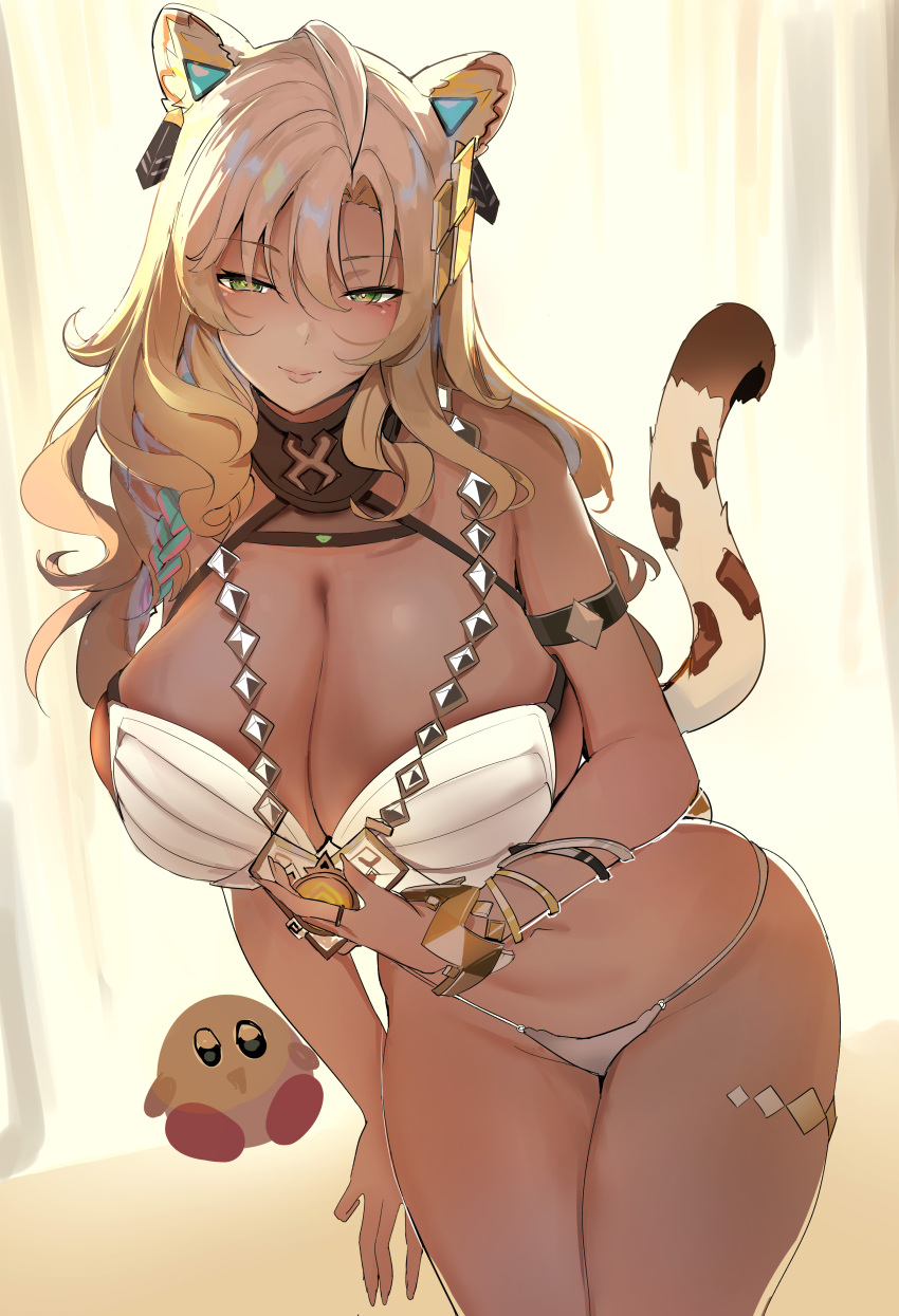 1girl absurdres animal_ears arm_strap bikini blonde_hair bracelet breasts cleavage dark-skinned_female dark_skin earrings genshin_impact green_eyes hair_between_eyes highres huge_breasts jaguar_ears jaguar_girl jaguar_tail jewelry kirby kirby_(series) leaning_forward leaning_to_the_side long_hair looking_at_viewer multiple_bracelets navel necklace nintendo porroll smile solo swimsuit tail thighs vision_(genshin_impact) white_bikini xilonen_(genshin_impact)