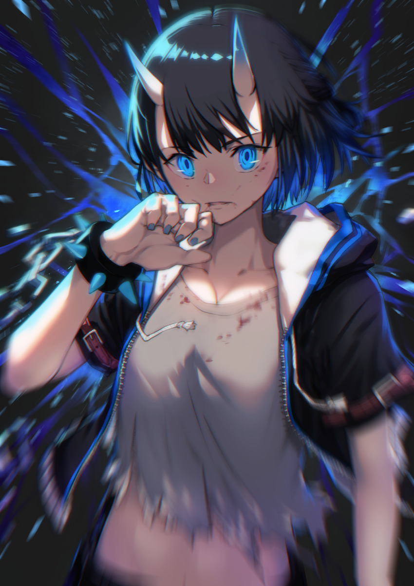 1girl absurdres black_hair black_jacket blue_eyes blue_horns blurry bracelet collarbone grey_shirt highres horns houryuzi_sui jacket jewelry looking_at_viewer nakanishi_tatsuya oni open_clothes open_jacket original shirt short_hair skin-covered_horns solo spiked_bracelet spikes torn_clothes torn_shirt upper_body