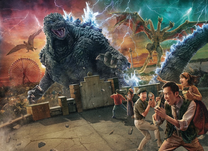 2girls 3boys camera claws dress electricity energy ferris_wheel flying glowing glowing_eyes glowing_spikes godzilla godzilla_(series) highres king_ghidorah lightning monster multiple_boys multiple_girls official_art phone radiation rodan stopwatch tail thunder toho watch wings