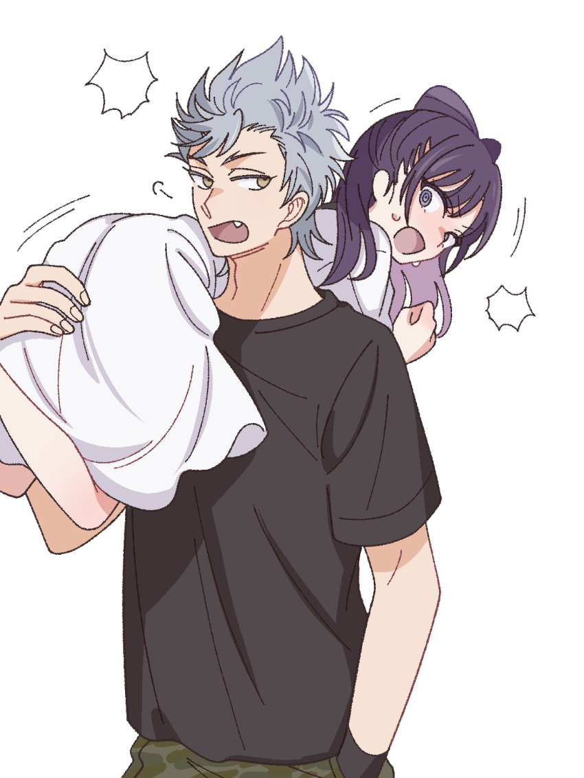 1boy 1girl :o @_@ angry black_bow black_hair black_shirt bow brown_eyes carrying_over_shoulder clenched_hand colored_inner_hair dress fang green_shorts grey_hair hair_bow hand_in_pocket hetero highres miyao_nemu multicolored_hair purple_eyes purple_hair shirt short_sleeves shorts simple_background t-shirt white_background white_dress witch_watch wolf_(witch_watch) yoshitaka_(palooo)
