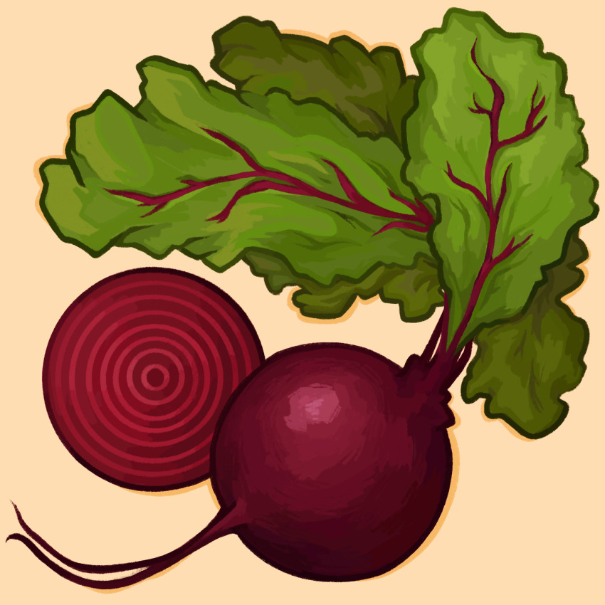beet_(vegetable) circle color_contrast commentary commission english_commentary food food_focus highres leaf no_humans original plant plant_focus plant_roots quezify red_circle shadow simple_background sliced still_life vegetable veins yellow_background