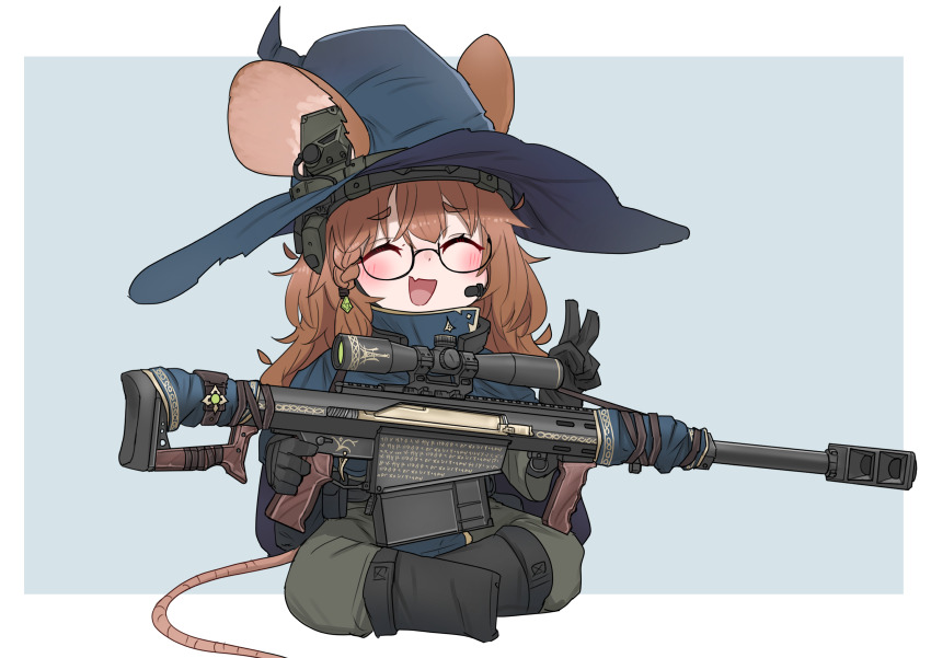 1girl absurdres animal_ears anti-materiel_rifle barrett_xm109 black_gloves border brown_hair chibi cloak closed_eyes glasses gloves gun hat headgear highres holding holding_gun holding_weapon long_hair military_combat_uniform military_uniform mouse_ears mouse_girl mouse_tail original outside_border rifle simple_background sitting sniper_rifle solo srtdrawart tail v weapon white_border witch_hat
