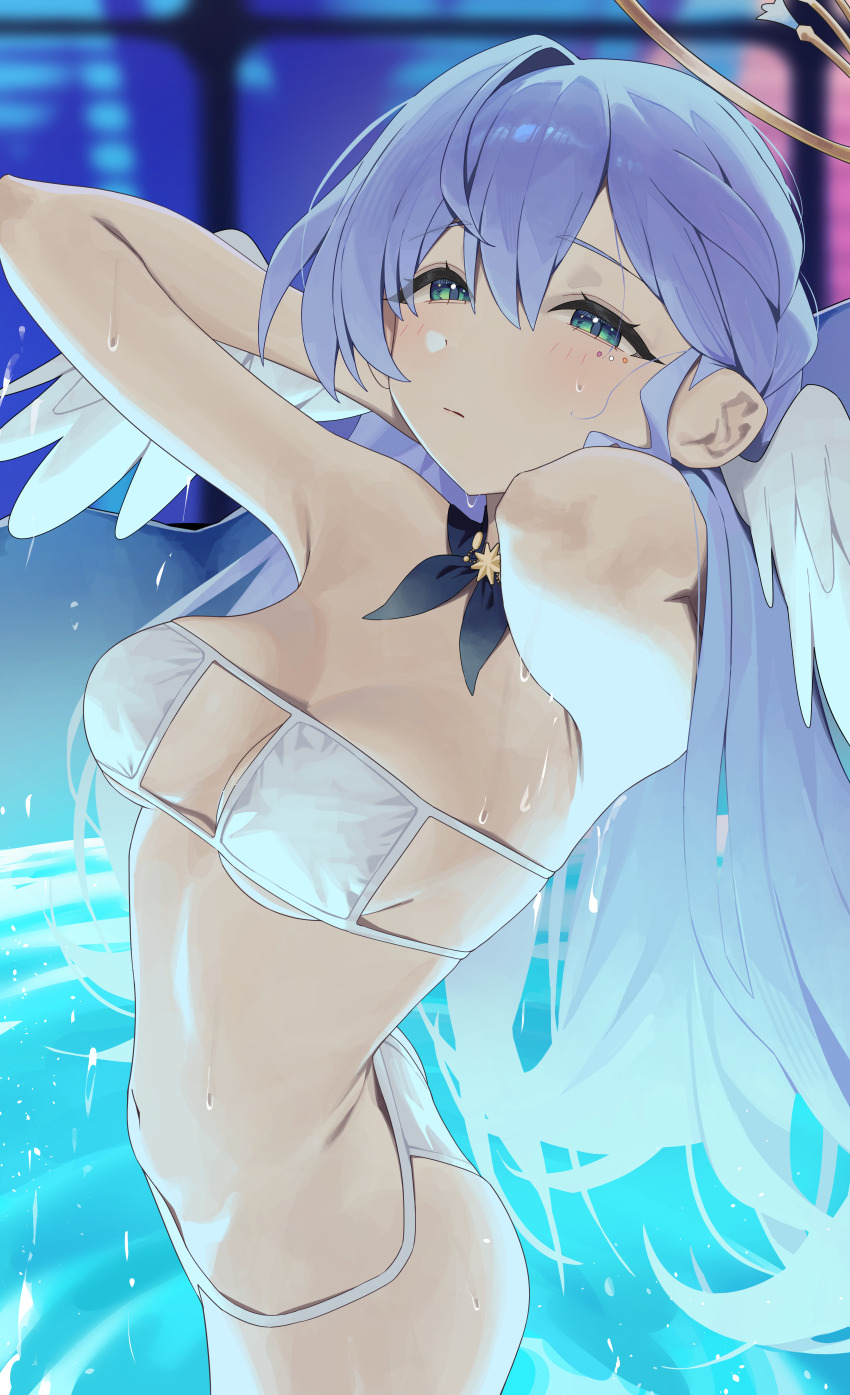 1girl absurdres armpits arms_up ass bikini blue_hair breasts commentary_request eyepatch_bikini from_side green_eyes halo head_wings highres honkai:_star_rail honkai_(series) large_breasts long_hair navel pool robin_(honkai:_star_rail) solo stomach swimsuit syhan wet white_bikini wings