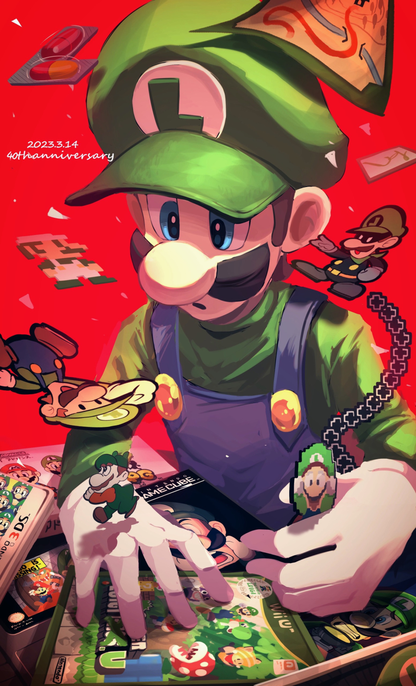 1boy :o ?_block absurdres anniversary bandana blue_eyes blue_overalls blue_pants blue_toad_(mario) bowser brown_footwear brown_hair clenched_teeth commentary_request confetti dated domino_mask dr._luigi_(game) dr._mario_(game) facial_hair flashlight flying_squirrel_toad_(mario) game_&amp;_watch gloves green_bandana green_hat green_overalls green_pants green_shirt grey_footwear grey_gloves hat highres hiyashimeso long_sleeves looking_down luigi luigi&#039;s_mansion luigi&#039;s_mansion:_dark_moon luigi&#039;s_mansion_3 male_focus map mario mario_&amp;_luigi:_dream_team mario_&amp;_luigi:_superstar_saga mario_&amp;_luigi_rpg mario_(series) mario_bros. mario_is_missing! mask mr._l mustache nabbit new_super_luigi_u new_super_mario_bros._u nintendo open_mouth overalls pants paper_luigi paper_mario paper_mario_(character) paper_mario_64 pill piranha_plant red_background red_shirt shirt shoes short_hair simple_background super_mario_bros._1 super_paper_mario teeth the_year_of_luigi toad_(mario) v-shaped_eyebrows video_game walking warp_pipe white_gloves yellow_toad_(mario) yoshi