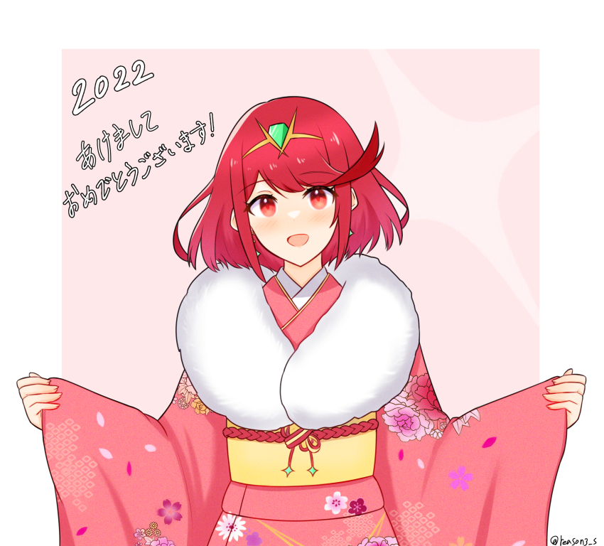 1girl absurdres alternate_costume bad_id bad_pixiv_id blush border commentary_request dated earrings floral_print fur_scarf highres japanese_clothes jewelry kimono long_sleeves looking_at_viewer medium_hair obi open_mouth outstretched_arms pink_background pink_kimono print_kimono pyra_(xenoblade) reason3_s red_eyes red_hair sash sleeves_past_wrists solo swept_bangs tiara translation_request twitter_username upper_body white_border wide_sleeves xenoblade_chronicles_(series) xenoblade_chronicles_2