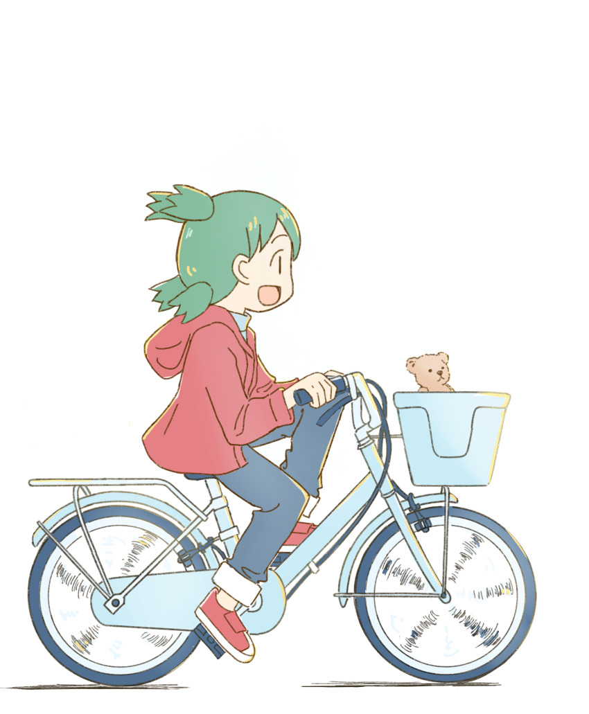 1girl absurdres bicycle bicycle_basket commentary_request denim duralumin from_side full_body green_hair highres hood hood_down hooded_jacket jacket jeans koiwai_yotsuba long_sleeves open_mouth pants profile quad_tails ra_ru_ni riding riding_bicycle smile solo stuffed_animal stuffed_toy teddy_bear yotsubato!