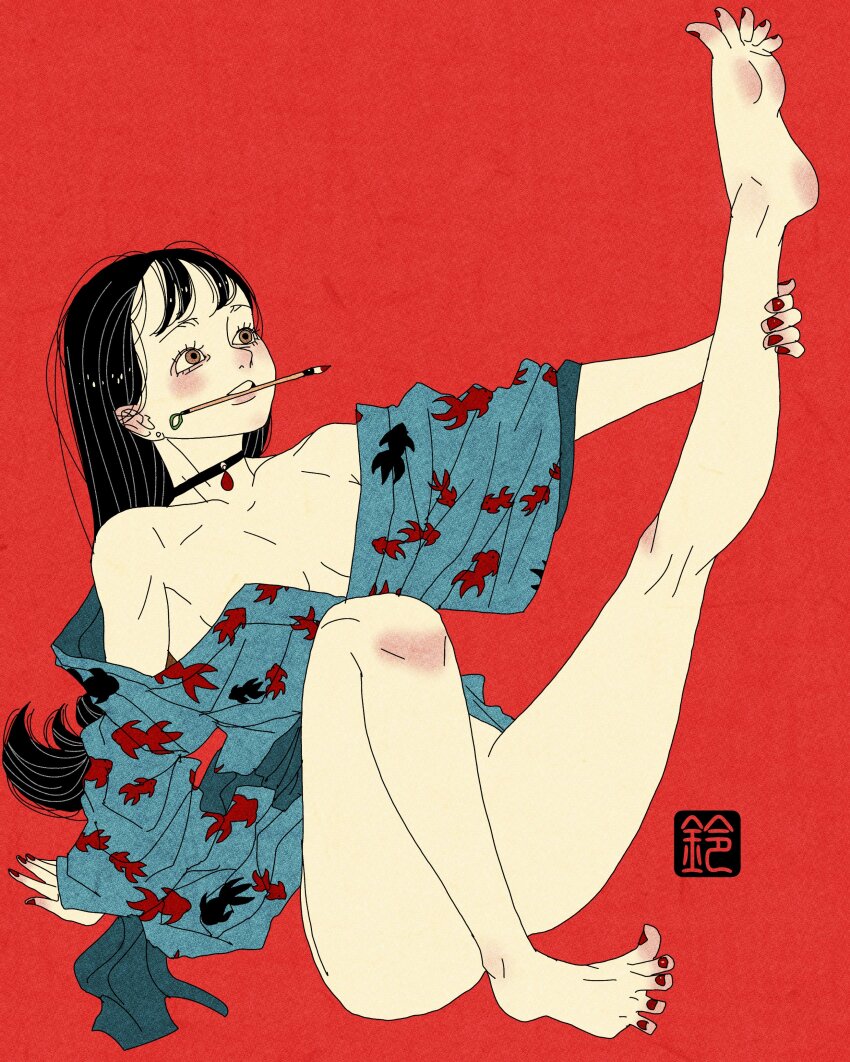 1girl absurdres animal_print barefoot black_hair blue_kimono bottomless breasts brown_eyes choker earrings fine_art_parody fish_print full_body hand_on_ground highres holding_own_leg inkan japanese_clothes jewelry kimono leaning_back leg_up long_hair nail_polish nihonga no_bra no_panties object_in_mouth open_clothes open_kimono original paintbrush painting_nails parody red_background red_nails sei5osuzuki sitting small_breasts