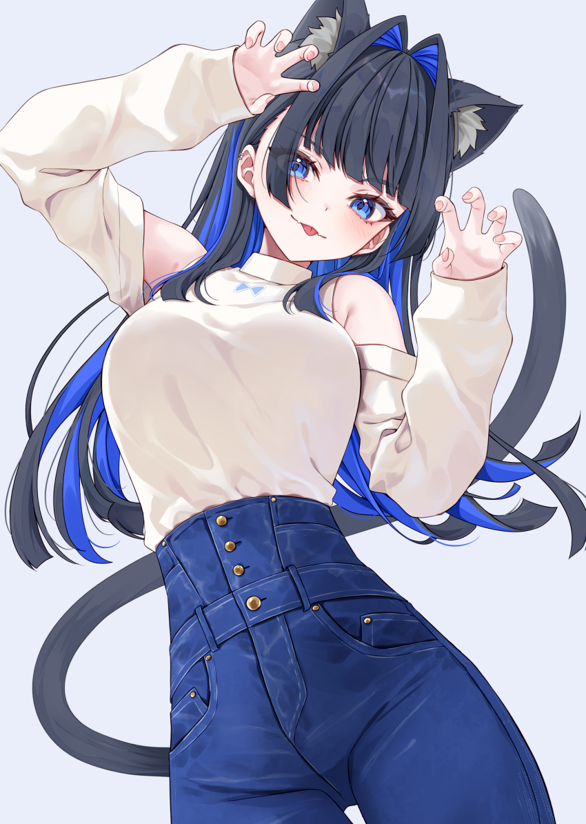 1girl absurdres animal_ear_fluff animal_ears black_hair blue_eyes blue_hair blue_pants blunt_bangs blunt_ends breasts cat_ears cat_girl cat_tail claw_pose clothing_cutout colored_inner_hair commentary denim detached_sleeves hair_intakes hands_up high-waist_pants highres hime_cut hololive hololive_english jeans kemonomimi_mode large_breasts long_hair long_sleeves looking_at_viewer mogu_(au1127) multicolored_hair official_alternate_costume official_alternate_hairstyle ouro_kronii ouro_kronii_(casual) pants shirt shoulder_cutout sidelocks simple_background sleeveless sleeveless_turtleneck sleeves_past_wrists solo symbol-only_commentary tail turtleneck virtual_youtuber white_shirt