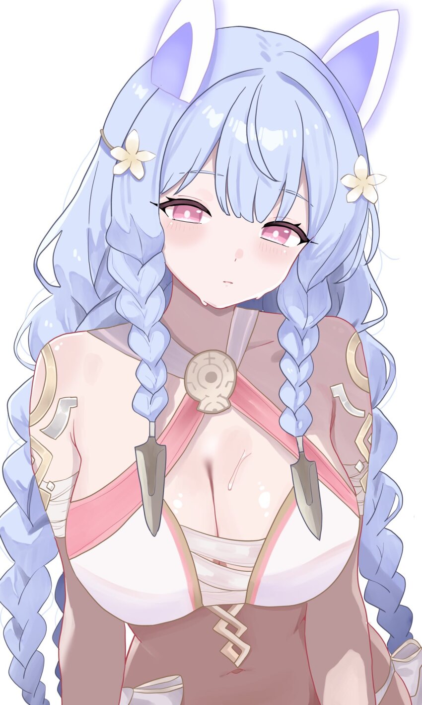 1girl bare_shoulders bikini blue_hair blush braid breasts cleavage closed_mouth fire_emblem fire_emblem_heroes heidrun_(fire_emblem) heidrun_(summer)_(fire_emblem) highres large_breasts long_hair looking_at_viewer n_54 navel nintendo official_alternate_costume red_eyes solo swimsuit upper_body very_long_hair wet white_background white_bikini