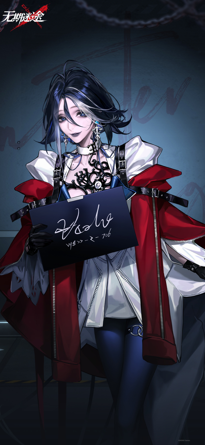 1girl absurdres adela_(path_to_nowhere) against_wall black_gloves blue_eyes blue_hair blue_pantyhose chain character_name copyright_name cowboy_shot crossed_legs dark_blue_hair dress earrings eyeshadow gloves grey_eyeshadow grey_lips grin highres holding holding_sign indoors jacket jewelry logo looking_at_viewer makeup mugshot multicolored_hair official_art official_wallpaper pantyhose path_to_nowhere prison_clothes red_jacket short_dress short_hair sign smile solo standing streaked_hair white_dress white_hair