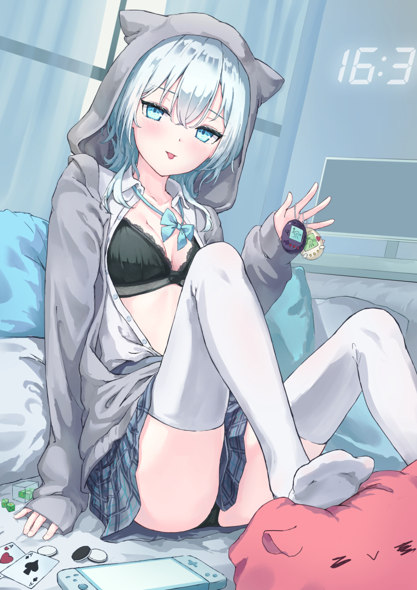 1girl :p ace_(playing_card) ace_of_hearts ace_of_spades animal_hood black_bra black_panties blue_bow blue_eyes blue_hair blush bow bra breasts card cat_hood clock collarbone collared_shirt commentary_request crossed_bangs curtains dice digital_clock grey_hoodie grey_skirt hair_between_eyes hand_up handheld_game_console heart highres holding hood hoodie indoors knees_up lace lace-trimmed_bra lace_trim long_sleeves looking_at_viewer monitor open_clothes open_shirt original panties parufeito pillow plaid_clothes plaid_skirt playing_card pleated_skirt shirt shirt_tucked_in short_hair sitting skirt sleeves_past_wrists small_breasts solo spade_(shape) stepping stuffed_toy thighhighs thighs tongue tongue_out unbuttoned underwear virtual_pet_(toy) white_shirt white_thighhighs window