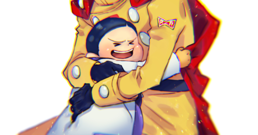&gt;_&lt; 2boys black_gloves black_hair buttons cape die_(f_mega) dr._hedo dragon_ball dragon_ball_super dragon_ball_super_super_hero gamma_1 gloves hug jacket lab_coat male_focus multiple_boys open_mouth red_cape simple_background smile white_background yellow_jacket