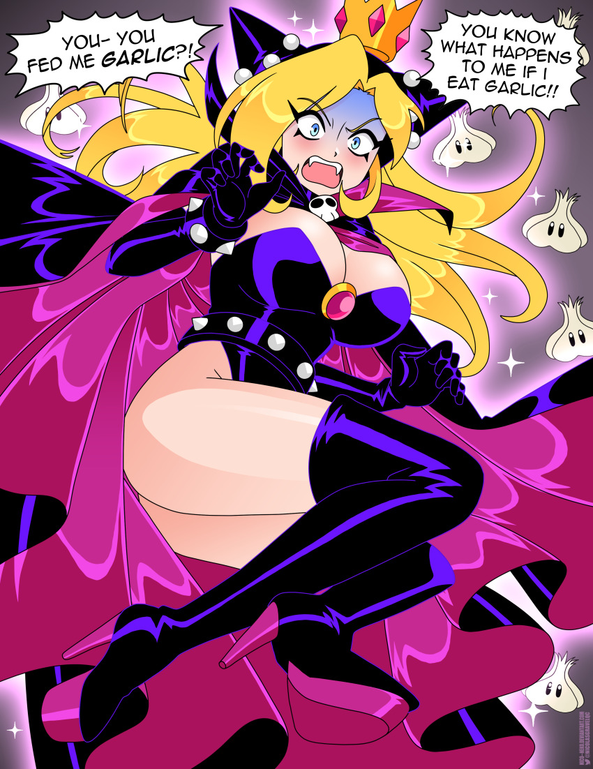 1girl absurdres aged_up animal_ears ass black_cape black_gloves black_hood black_leotard blonde_hair blue_eyes boots bracelet breasts brooch cape cleavage collared_cape crown elbow_gloves fake_animal_ears fake_horns fangs garlic gem gloves glowing high_collar high_heel_boots high_heels highleg highleg_leotard highres hood hood_up horns jewelry knee_boots large_breasts leotard long_eyelashes long_hair mario_(series) mario_power_tennis mario_tennis mini_crown nico-neko nintendo panicking pink_cape pink_gemstone platform_boots platform_footwear power-up purple_cape purple_gloves purple_hood purple_leotard skull_brooch sparkle spiked_belt spiked_bracelet spikes turn_pale two-tone_cape warupeach