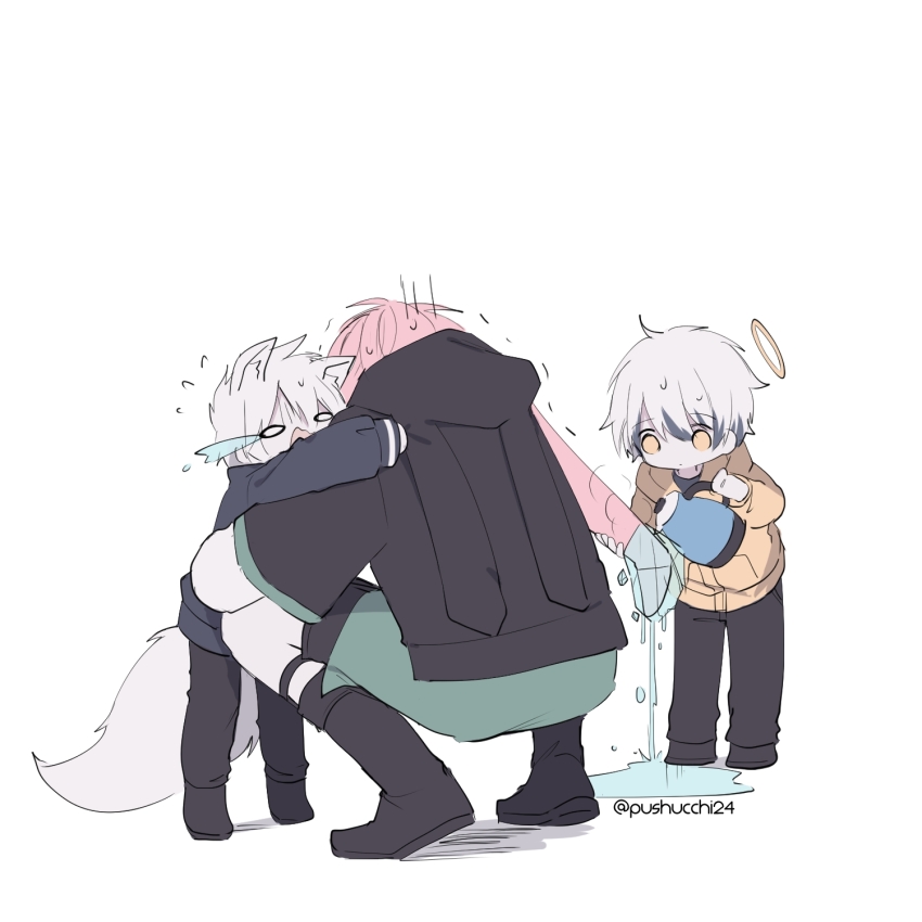 3boys adnachiel_(arknights) animal_ears ansel_(arknights) arknights black_pants blue_jacket commentary crying english_commentary facing_away halo highres holding holding_teapot hood hoodie hug jacket melting multiple_boys nervous_sweating o_o pants puddle pushu shaking short_hair simple_background squatting steward_(arknights) sweat tail teapot twitter_username white_background white_hair white_pants yellow_eyes yellow_hoodie