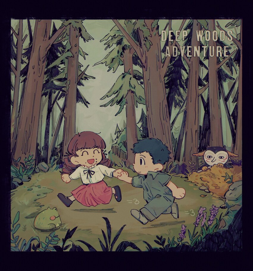 1boy 1girl ^_^ black_border black_hair black_ribbon border brown_hair brown_shoes chibi chibi_only closed_eyes closed_mouth commentary english_text facing_another fear_&amp;_hunger_(series) fear_&amp;_hunger_2:_termina forest frilled_shirt_collar frills frog green_jumpsuit highres holding_hands jumpsuit levi_(fear_&amp;_hunger) long_hair long_sleeves looking_at_another marina_(fear_&amp;_hunger) mary_janes min90084 mouth_piercing nature neck_ribbon open_mouth pink_skirt ribbon shirt shoes short_hair short_sleeves skirt smile symbol-only_commentary tree white_shirt