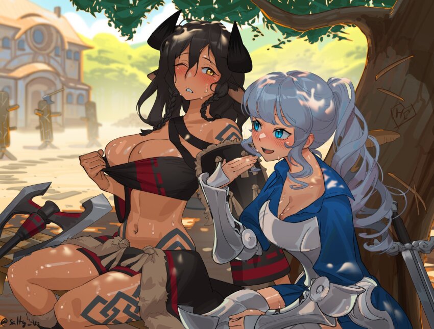 2girls animal_ears armor axe battle_axe black_horns black_tube_top blue_dress blue_eyes blue_hair blurry blush boots braid braided_bangs breasts brown_eyes brown_hair chest_armor clothes_pull cow_ears cow_horns dark-skinned_female dark_skin depth_of_field detached_sleeves dress fanning_self feet_out_of_frame final_fantasy final_fantasy_xiv full-face_blush fur_boots greaves horns large_breasts long_hair mu_ren_zhuang multiple_girls on_bench one_eye_closed ponytail pulling_own_clothes short_shorts shorts signature single_shoulder_pad sitting strapless sweat sweatdrop sword tattoo teeth tree tree_shade tube_top tube_top_pull upper_teeth_only vambraces violet_sears weapon