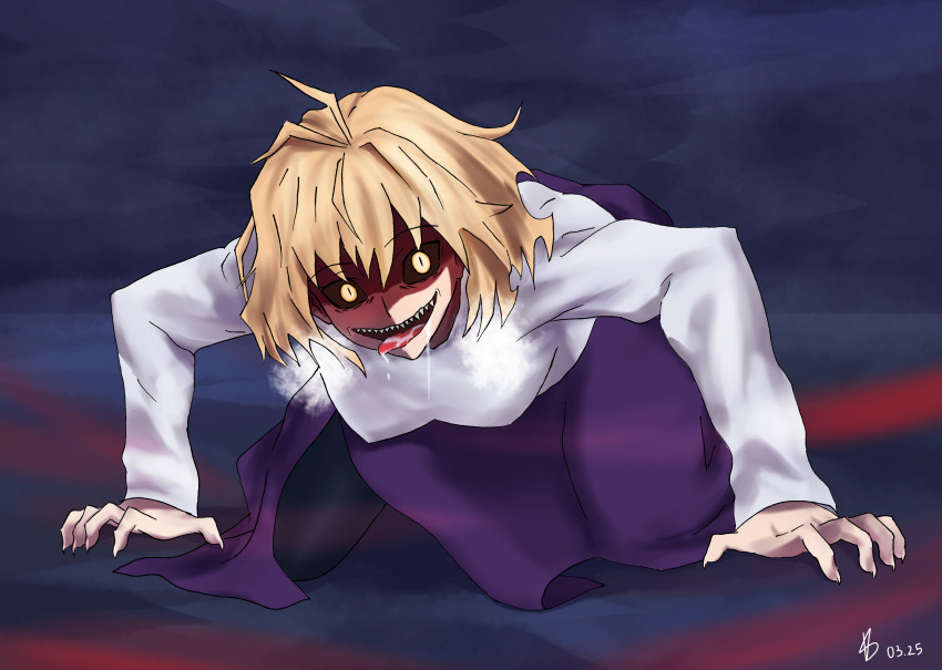 1girl absurdres ahoge antenna_hair arcueid_brunestud blonde_hair boton breasts breath dated highres large_breasts long_skirt long_sleeves looking_at_viewer pantyhose purple_skirt red_arcueid saliva sharp_teeth short_hair signature skirt slit_pupils smile solo sweater teeth tsukihime tsukihime_(remake) turtleneck type-moon yellow_eyes