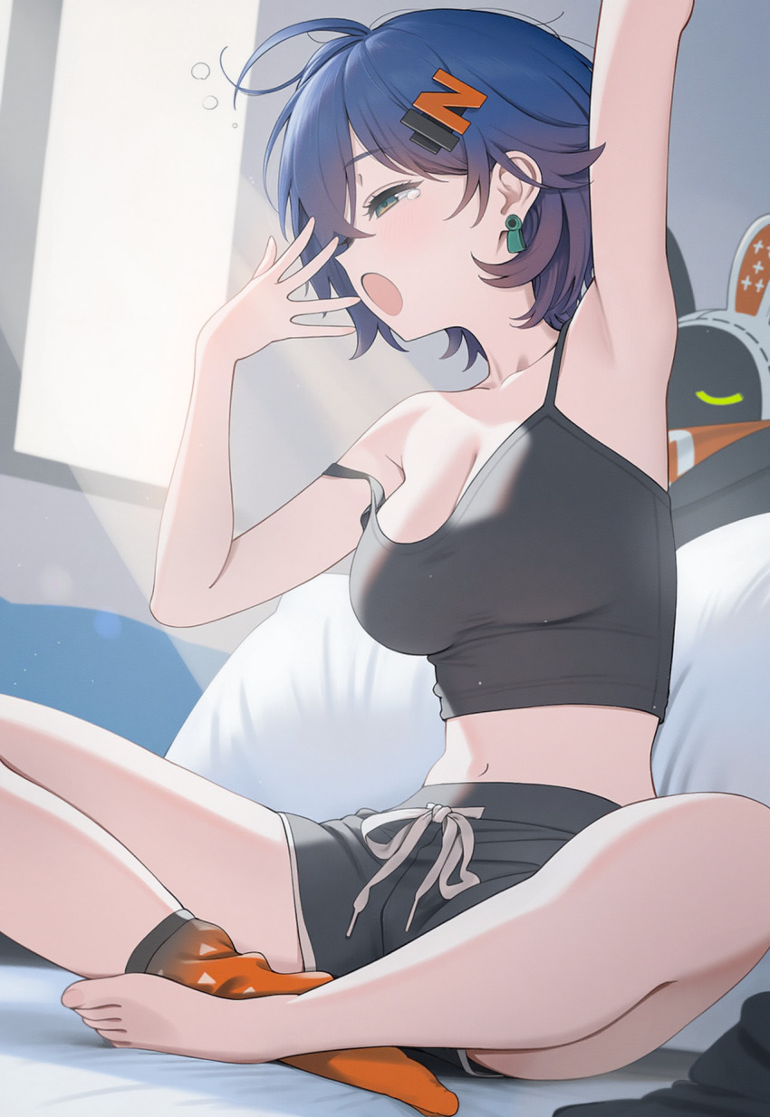 1girl ;o ai-assisted arm_up bangboo_(zenless_zone_zero) belle_(zenless_zone_zero) black_camisole black_shorts blue_hair breasts camisole collarbone dolphin_shorts drawstring eous_(zenless_zone_zero) green_eyes highres medium_breasts messy_hair midriff navel one_eye_closed pillow poki_(j0ch3fvj6nd) short_hair short_shorts shorts single_sock sitting socks solo stomach sunlight thighs window yawning zenless_zone_zero